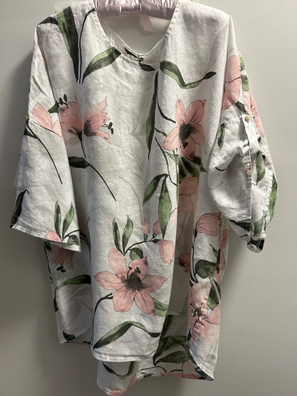 Women's White Floral Short Sleeve Linen tunic in Pink & Green